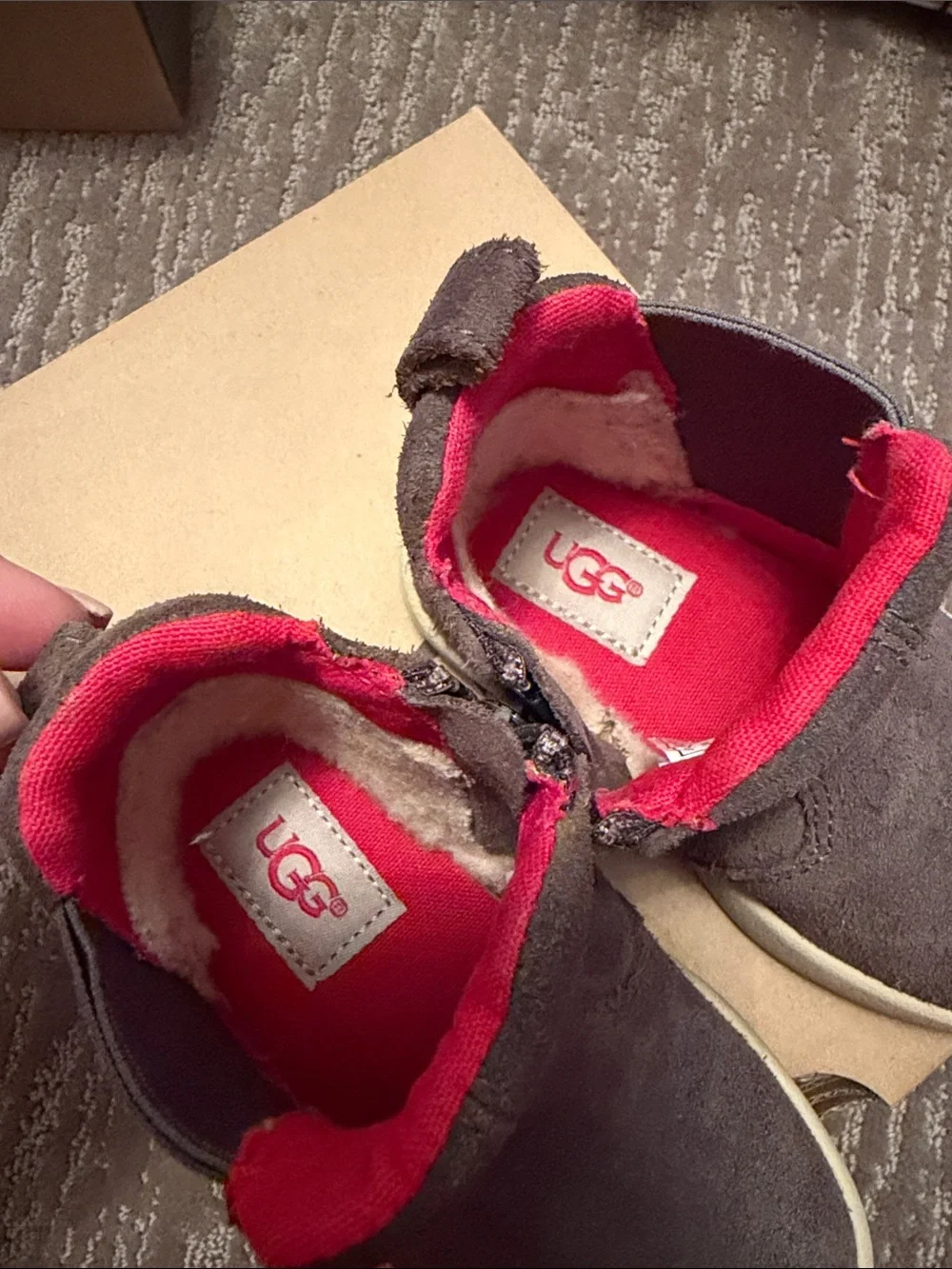 UGG Kids Brown Suede Boots with Red Interior